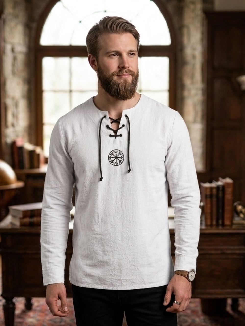 Men's Viking Medieval Tunic – Vegvisir Compass Embroidery – Size M